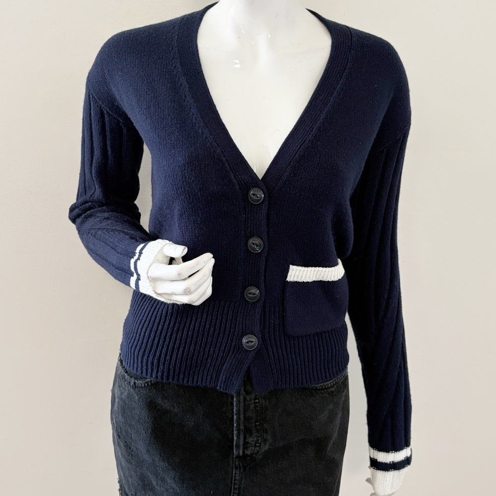 Rag & Bone Navy Blue Wool Blend V-neck Cardigan Sweater White Stripe Cuffs Trim